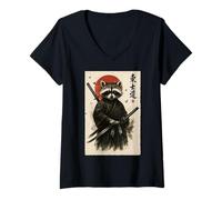Women's Retro Vintage Sunset Japanese Ink Wash Samurai Raccoon V-Neck T-Shirt