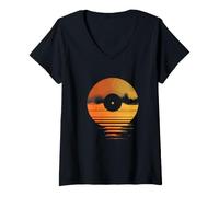Women's Retro Vinyl Record Sunset Design - Vintage Music Ocean V-Neck T-Shirt