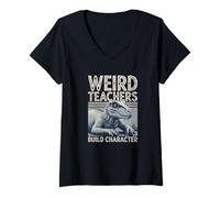 Womens Retro Weird Teachers Build Character Appreciation Dinosaur V-Neck T-Shirt