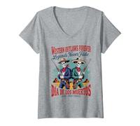 Womens Retro Western Outlaws Forever - Día de Los Muertos Cowboy V-Neck T-Shirt