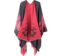 Womens Reversible Oversized Poncho Cape Warm Shawl Wrap Open Front Printed Blanket Cardigans (One Size, Plain Dispersion Beard Flower/Black & Red)