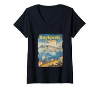 Womens Reykjavik Landscape Iceland Travel Retro Poster Style V-Neck T-Shirt