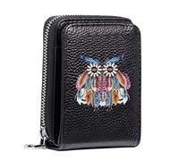 Women's RFID Blocking Leather Small Compact Bi-fold Zipper Pocket Wallet Card Case Purse with ID Window (Feather Owl)