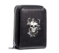 Women's RFID Blocking Leather Small Compact Bi-fold Zipper Pocket Wallet Card Case Purse with ID Window (Skull)