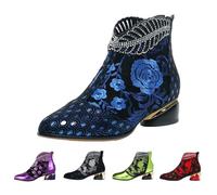 Womens Rhinestone Ankle Boots Low Chunk, Womens Embroidered Ankle Boots, Unique Ethnic-Inspired Booties Colorful Fashion Booties Pointed Toe Non-Slip Boot Comfortable And Lightweight Boot For Women