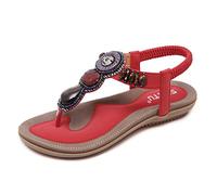 Women's Rhinestone Bead Bohemia Folk Round Dunlop Clip Toe Sandals Boho Beach Flip Flops Flat Elastic T-Strap Post Thong Sandals Shoes Red 39