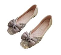 Women's Rhinestone Bow Flats - Comfortable Square Toe Slip on Ballet Flats, Elegant Dress Shoes for Wedding Party Daily wear,Apricot,4 UK