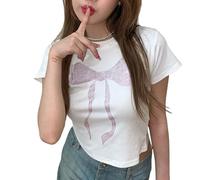 Women's Rhinestone Bow Print Y2K Crop Tank Top Scoop Neck Short Sleeve Basic T Shirts Graphic Baby Tees Summer Tops (White, S)
