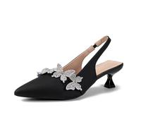 Women's Rhinestone Butterfly Slingback Kitten Heels - Pointed Toe Dress Shoes for Wedding Guest, Cocktail Party, Prom, Evening or Formal Events - Elegant Slip-On Low Heels for Women, Black Out, 6 UK