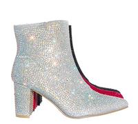 Women's Rhinestone Chunky Heel Booties, Silver Rhinestone, 26.0 cm