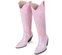 Women's Rhinestone Cowboy Boots Mid Calf Cowgirl Boots Pointed Toe Chunky Heel Sparkly Western Boot with Pull On Tabs, Pink&rhinestone, 5 UK
