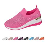 Women's Rhinestone Decor Platform Sneakers,Fashion Breathable Mesh Casual Slip-On Pearl Dress Bridal Shoes(Rose Red,6 UK)