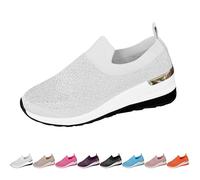 Women's Rhinestone Decor Platform Sneakers,Fashion Breathable Mesh Casual Slip-On Pearl Dress Bridal Shoes(White,7.5 UK)