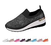 Women's Rhinestone Decor Platform Sneakers,Fashion Breathable Mesh Casual Slip-On Pearl Dress Bridal Shoes(Black,8 UK)