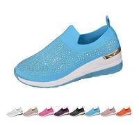 Women's Rhinestone Decor Platform Sneakers,Fashion Breathable Mesh Casual Slip-On Pearl Dress Bridal Shoes(Blue,8 UK)