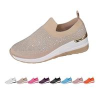 Women's Rhinestone Decor Platform Sneakers,Fashion Breathable Mesh Casual Slip-On Pearl Dress Bridal Shoes(Khaki,5 UK)