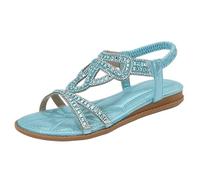 Women's Rhinestone Flat Sandals Elastic Back Strap Bohemian Jewelled Summer Beach Shoes Comfort Walking Sandals Dressy Evening Flip Flops Blue
