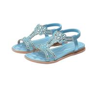 Women's Rhinestone Flat Sandals Sparkly Crystal T-Strap Summer Shoes Elastic Back Strap Ladies Casual Beach Holiday Walking Footwear Sky Blue
