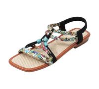 Women's Rhinestone Flat Sandals Summer Elastic Ankle Strap Roman Shoes Open Toe Bridal Beach Bohemian Post Sliders Arch Support Comfort Shower Slides Trendy UK Black