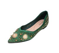 Women's Rhinestone Flats Fashion Pointed Toe Pearl Diamond Low Heel Dress Wedding Flats Work Business Casual Flats Shoes, Green, 5.5 UK