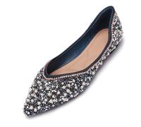 Women's Rhinestone Flats Fashion Pointed Toe Pearl Diamond Low Heel Dress Wedding Flats Work Business Dance Ballet Flats, Blue, 7 UK