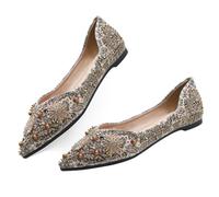 Women's Rhinestone Flats Fashion Pointed Toe Pearl Diamond Low Heel Dress Wedding Flats Work Business Casual Flats Shoes, A-apricot, 4.5 UK