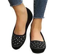 Women's Rhinestone Flats Wedding Shoes Comfort Round Toe Ballet Elderly Flat Shoe Low Heel Dress Shoes Slip On Casual Shoes,Black,38 EU/7 US