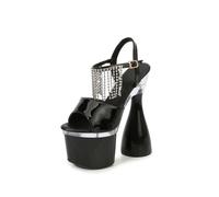 Women's Rhinestone Fringe Ankle Strap Sandals with 17cm Chunky Heel - Sparkly Summer Wedding Guest Comfort Shoes,Black,4 UK