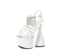 Women's Rhinestone Fringe Ankle Strap Sandals with 17cm Chunky Heel - Sparkly Summer Wedding Guest Comfort Shoes,White,2 UK