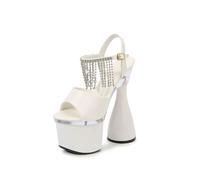 Women's Rhinestone Fringe Ankle Strap Sandals with 17cm Chunky Heel - Sparkly Summer Wedding Guest Comfort Shoes,White,8 UK