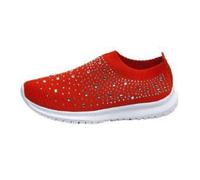 Women's Rhinestone Glitter Slip On Sneakers, Orthopedic Walking Shoes with Arch Support, Breathable Mesh Light Casual Trainers for Athletic Fitness-Red||Numeric_5