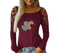 Women's Rhinestone Hollow Valentine's Day Print Casual Hollow Long Sleeve Top Slip-On Blouse with Elastic Band, Wine Red, M