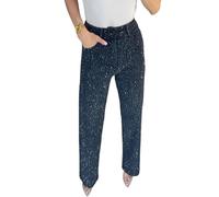 Women's Rhinestone Jeans High Waist Sright Leg Baggy Y2K Sparkly Vintage Wash Trousers Denim Pants (UK, Alpha, M, Regular, Regular, Black)