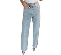 Women's Rhinestone Jeans High Waist Sright Leg Baggy Y2K Sparkly Vintage Wash Trousers Denim Pants (UK, Alpha, L, Regular, Regular, Blue)