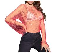 Women's Rhinestone Mesh Long Sleeve Crop Top - Sheer Fishnet Crystal Embellished Crew Neck Cover Up, Sexy Glitter See-Through Blouse for Party, Club & Festival Outfits Black
