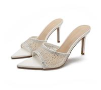 Women's Rhinestone Open Pointed Toe Stiletto Heels for Women Slide Sandals Sexy Slip On Transparent Heeled Sandals(White,8.5)