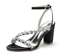 Women's Rhinestone Open Toe SatinChunky Wedding Heels for Bride Evening Party Dress Shoes Sandals,Black,40