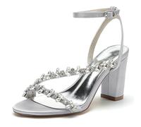 Women's Rhinestone Open Toe SatinChunky Wedding Heels for Bride Evening Party Dress Shoes Sandals,Silver,37
