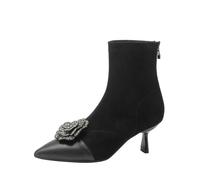 Women's Rhinestone & Patchwork Stiletto Boots - Floral Suede with Pointed Toe & Back Zipper, Elegant & Secure for Galas, Weddings and Special Occasions Black