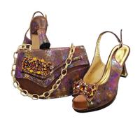 Women's Rhinestone Peep Toe Slingback Heels and Clutch Bag Set | Matching Bag Included, Gold Chain Strap, Iridescent Print, Block Heel, Jewel Embellishment