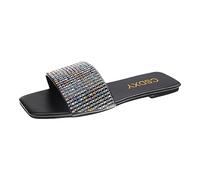 Womens Rhinestone Sandal UK Clearance Ladies Patchwork Diamond Sandals One Band Slippers Flat Sliders Square Toe Slide Bohemian Slipper Open Toe Slides Backless Slider Non-Slip Shoe Beach Shoes