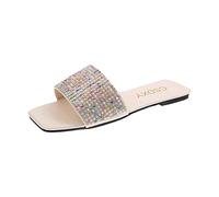 Womens Rhinestone Sandal UK Clearance Ladies Patchwork Diamond Sandals One Band Slippers Flat Sliders Square Toe Slide Bohemian Slipper Open Toe Slides Backless Slider Non-Slip Shoe Beach Shoes