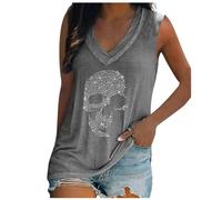 Women's Rhinestone Skull Tank Tops Loose Graphic V Neck Sleeveless Tee Shirt 2025 New