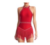 Women's Rhinestone Tassel Backless Slim Fit Sleeveless Pull On Latin Dance Leotard Bodysuit