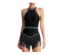 Women's Rhinestone Tassel Fringe Slim Fit Sleeveless Pull On Backless Bodysuit Latin Dance Leotard