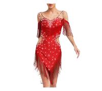 Women's Rhinestone Tassel Slim Fit Round Neck Sleeveless Pull On Latin Tango Rumba Samba Dance Leotard Bodysuit