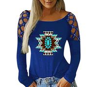 Women's Rhinestone Tops Blouse Hollow Retro Print Top Casual Hollow Long Sleeve Soft O Neck Top Oversized T-Shirt, blue, S