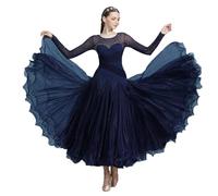 Women'S Rhinestone Waltz Dancewear Mesh Splice Ballroom Dance Dress Round Neck Tango Performance Outfit Sexy Dancewear(L)