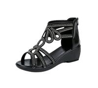 Women's Rhinestone Wedge Sandals, Open Toe Gladiator Sandals with Back Zipper, Comfortable Dressy Summer Sandals,Black,36
