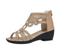Women's Rhinestone Wedge Sandals, Open Toe Gladiator Sandals with Back Zipper, Comfortable Dressy Summer Sandals,Gold,36